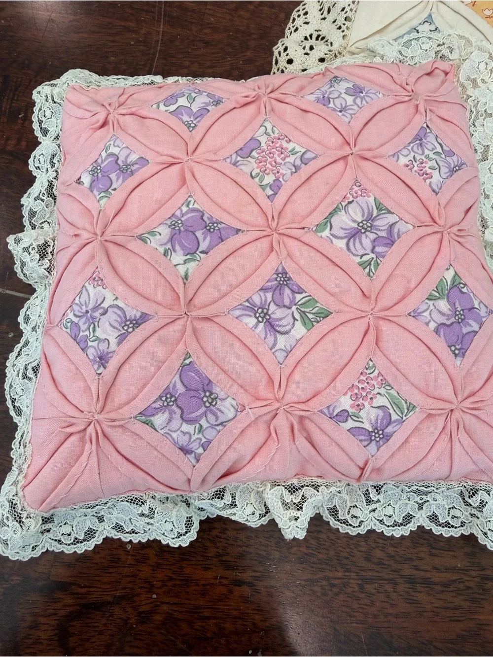 Vintage cathedral window quilted W/ lace pillow set of 3 11”x11”, 9”x9” cottage
